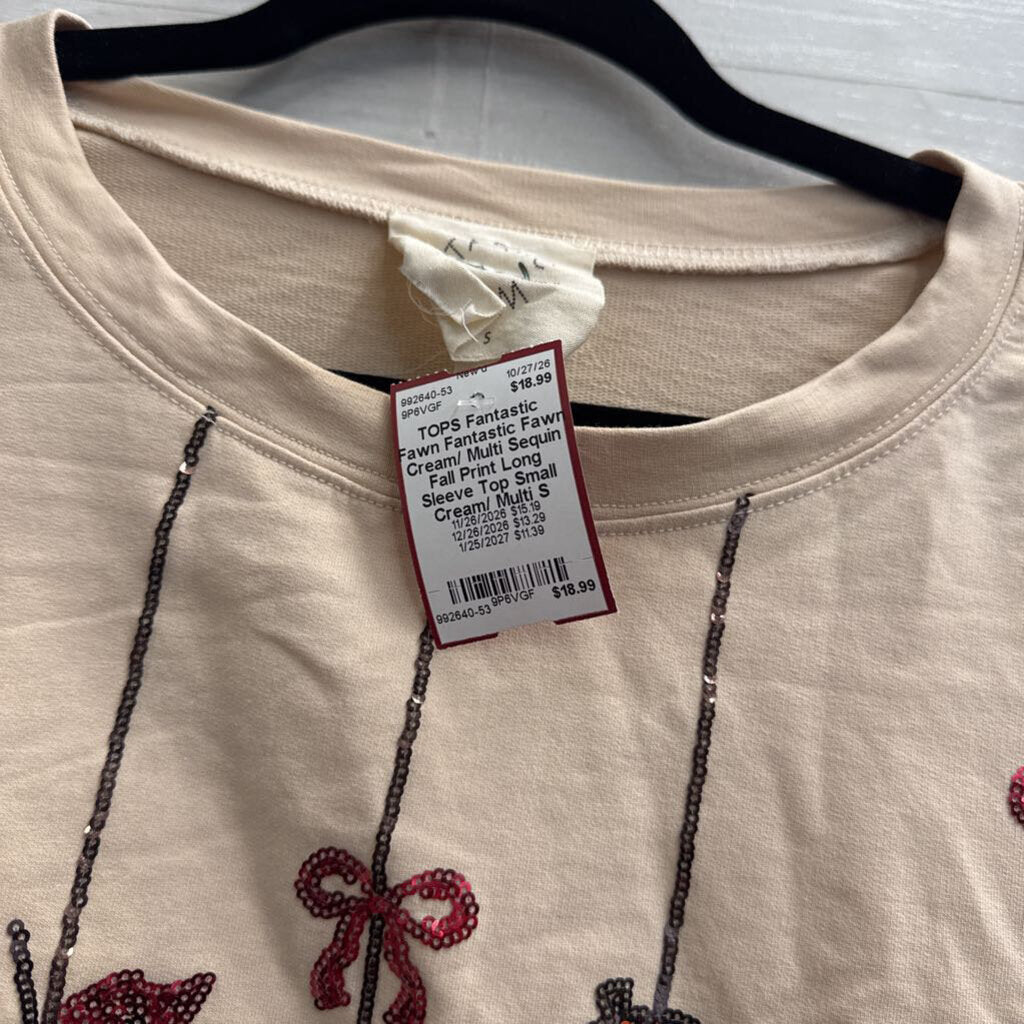 Fantastic Fawn Cream/ Multi Sequin Fall Print Long Sleeve Top Small
