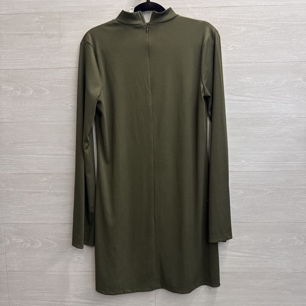Leith Green Ribbed Long Sleeve Mock Neck Dress Medium