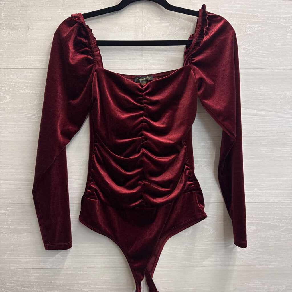 Shinestar Burgundy Velvet Long Sleeve Bodysuit Small