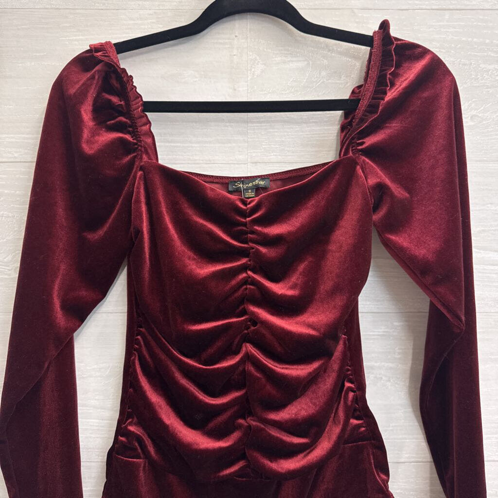 Shinestar Burgundy Velvet Long Sleeve Bodysuit Small