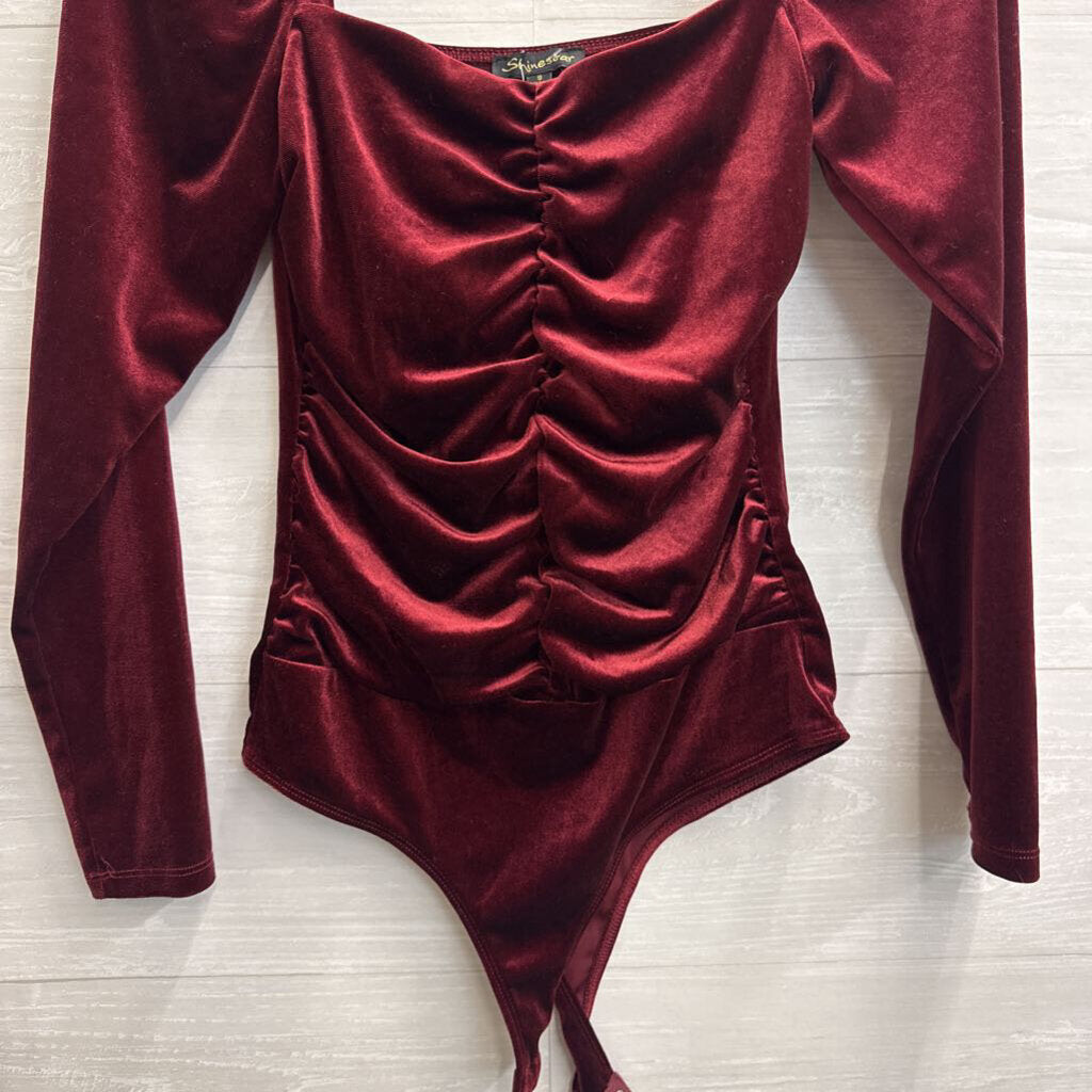 Shinestar Burgundy Velvet Long Sleeve Bodysuit Small