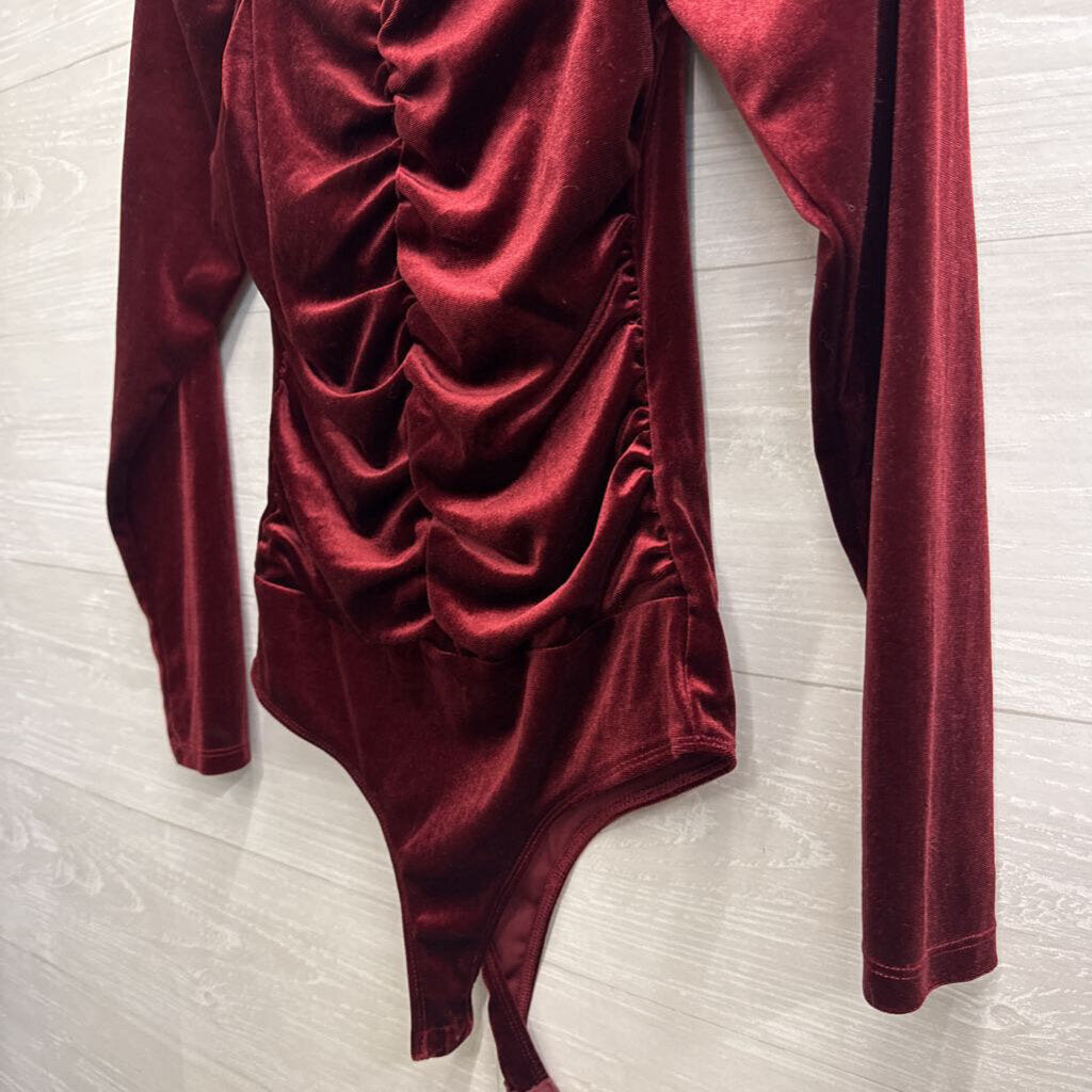 Shinestar Burgundy Velvet Long Sleeve Bodysuit Small