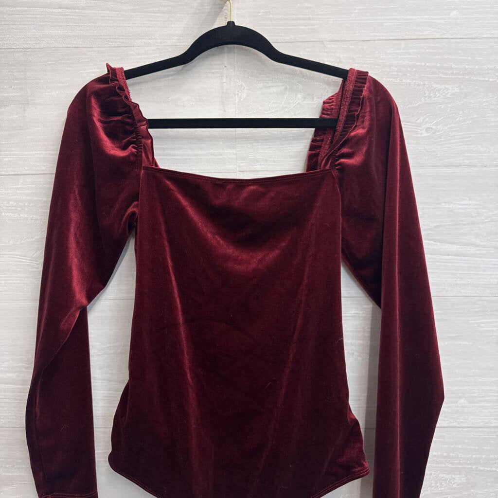 Shinestar Burgundy Velvet Long Sleeve Bodysuit Small