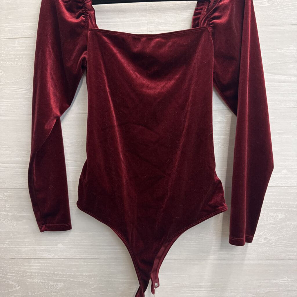 Shinestar Burgundy Velvet Long Sleeve Bodysuit Small