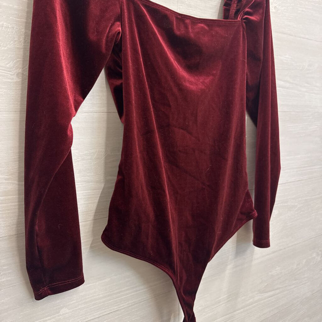 Shinestar Burgundy Velvet Long Sleeve Bodysuit Small