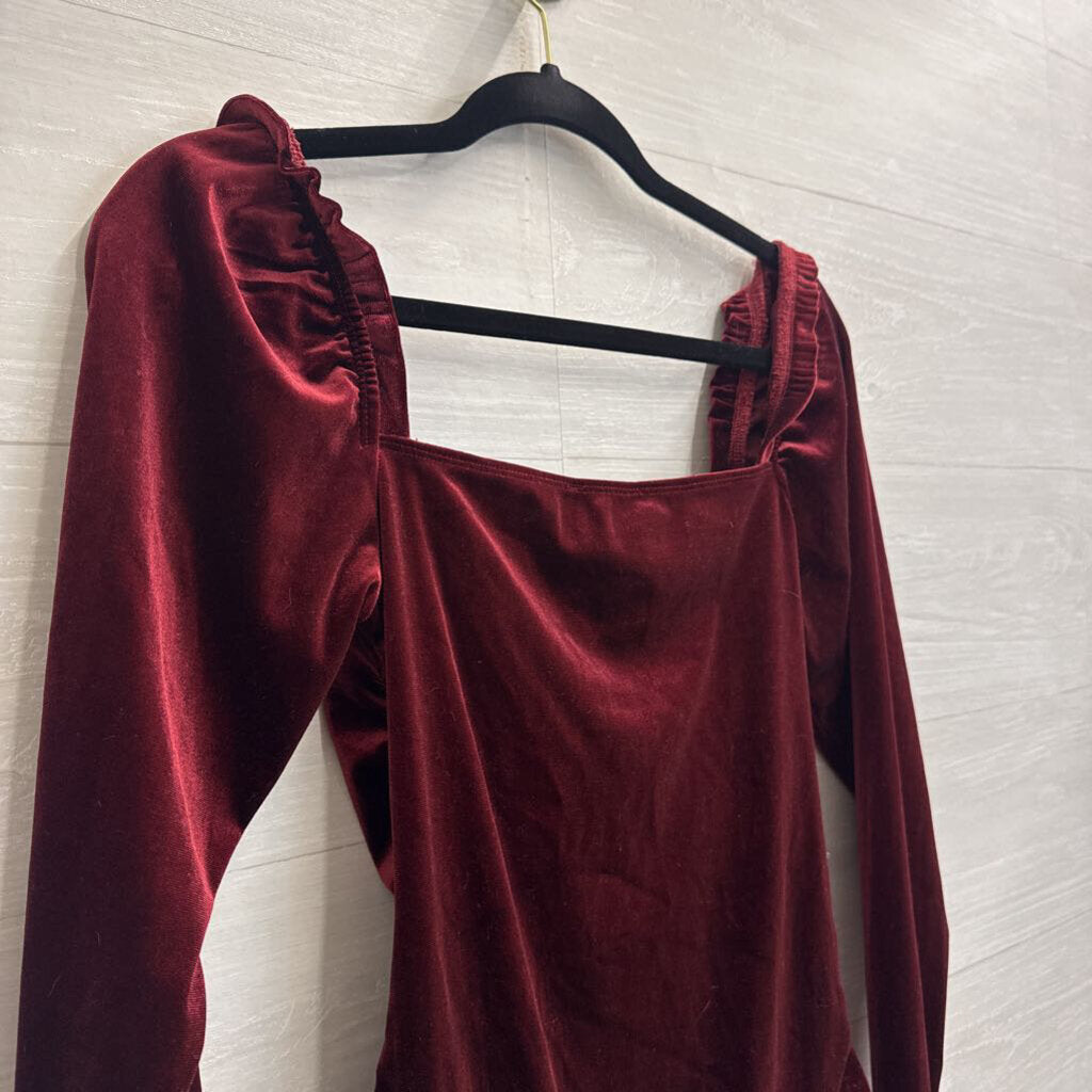 Shinestar Burgundy Velvet Long Sleeve Bodysuit Small
