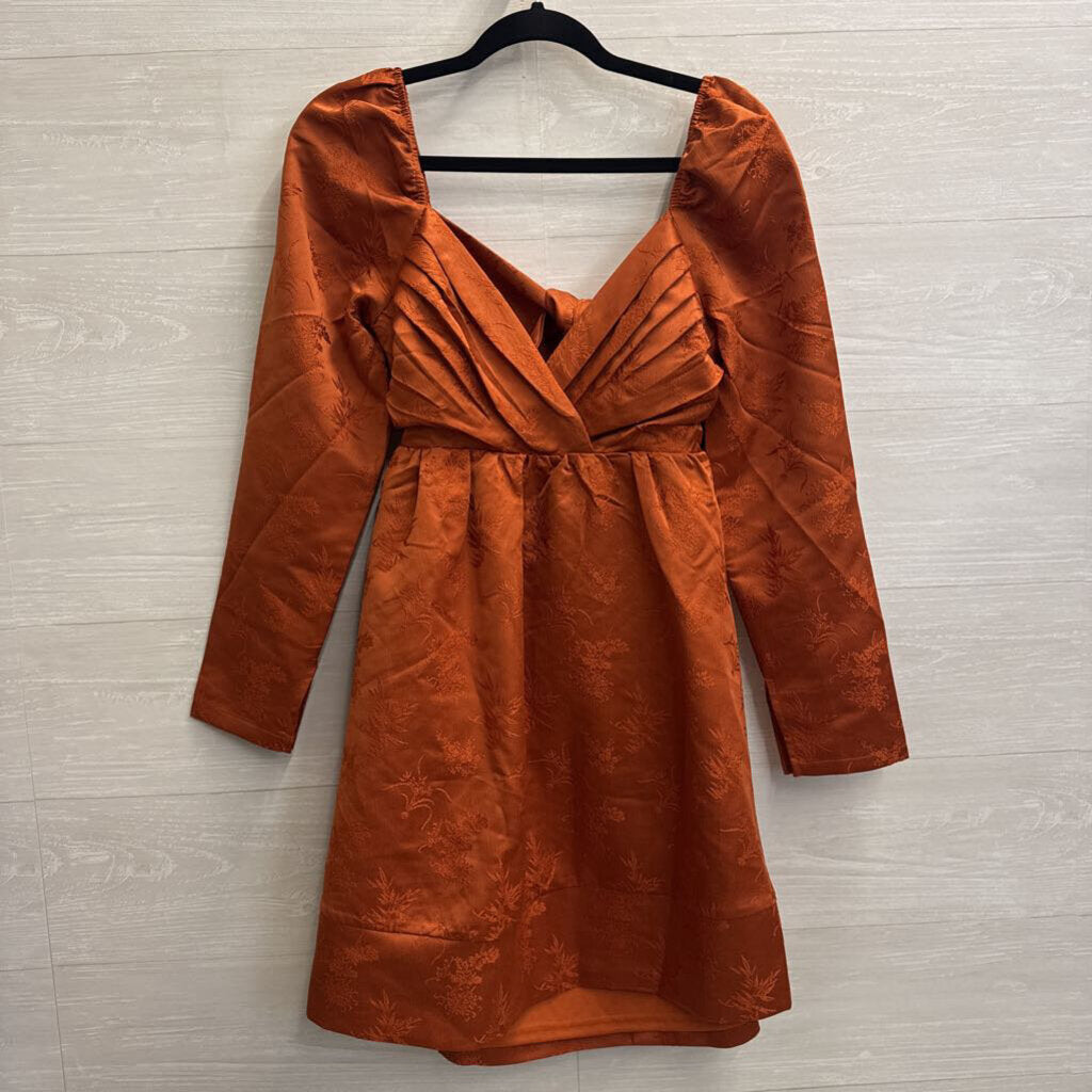 Lulus Orange Print Long Sleeve Tie Back Dress Medium