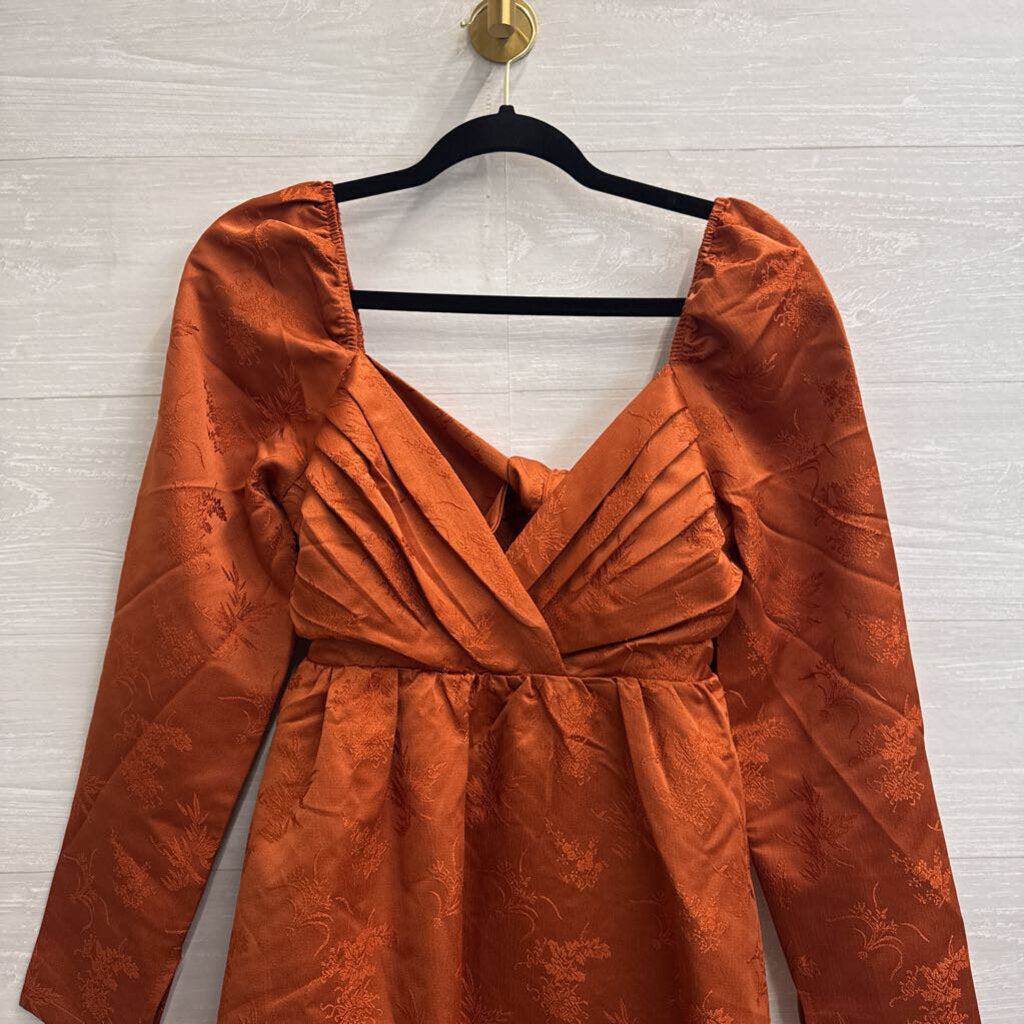 Lulus Orange Print Long Sleeve Tie Back Dress Medium