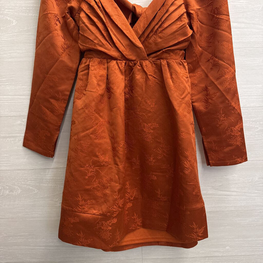 Lulus Orange Print Long Sleeve Tie Back Dress Medium