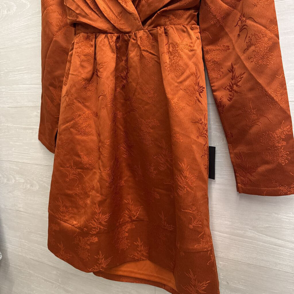 Lulus Orange Print Long Sleeve Tie Back Dress Medium