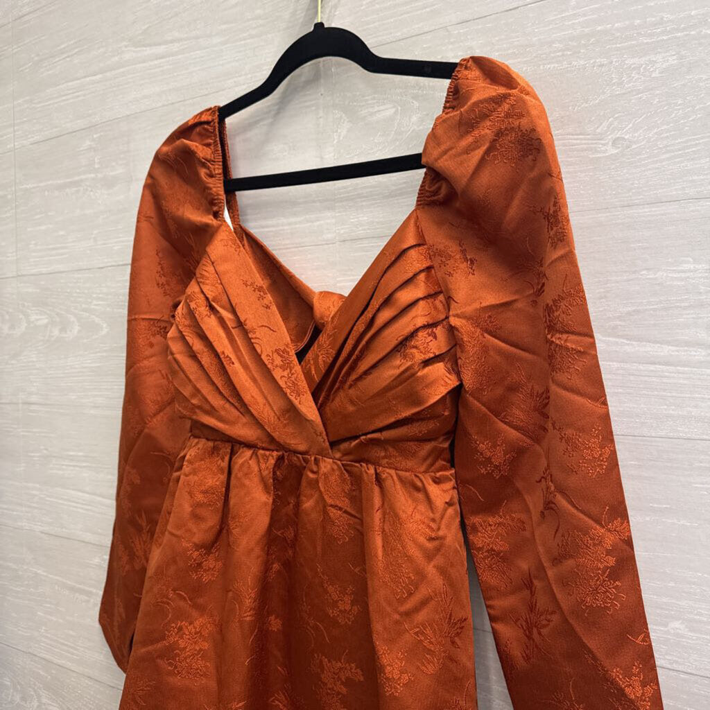 Lulus Orange Print Long Sleeve Tie Back Dress Medium