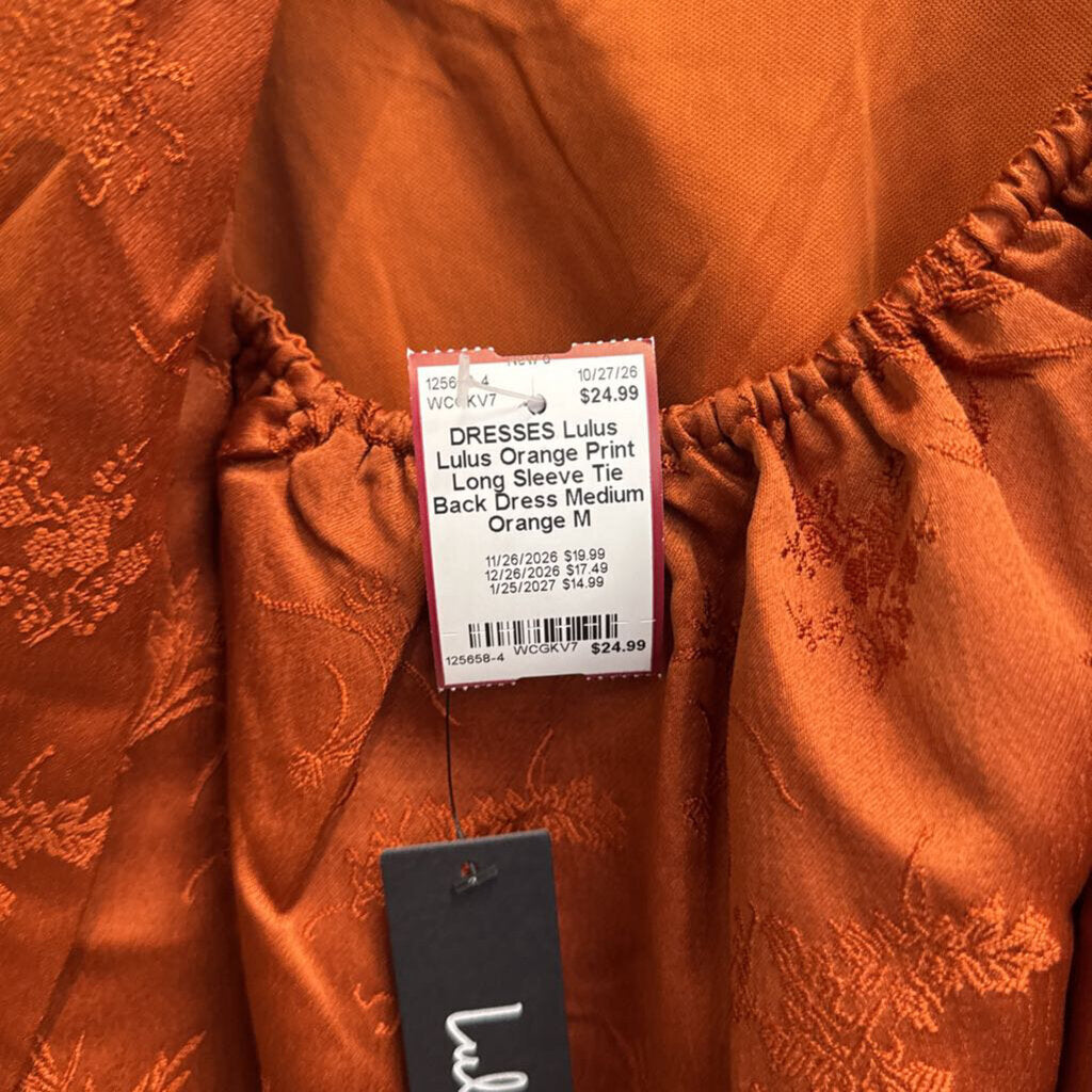 Lulus Orange Print Long Sleeve Tie Back Dress Medium