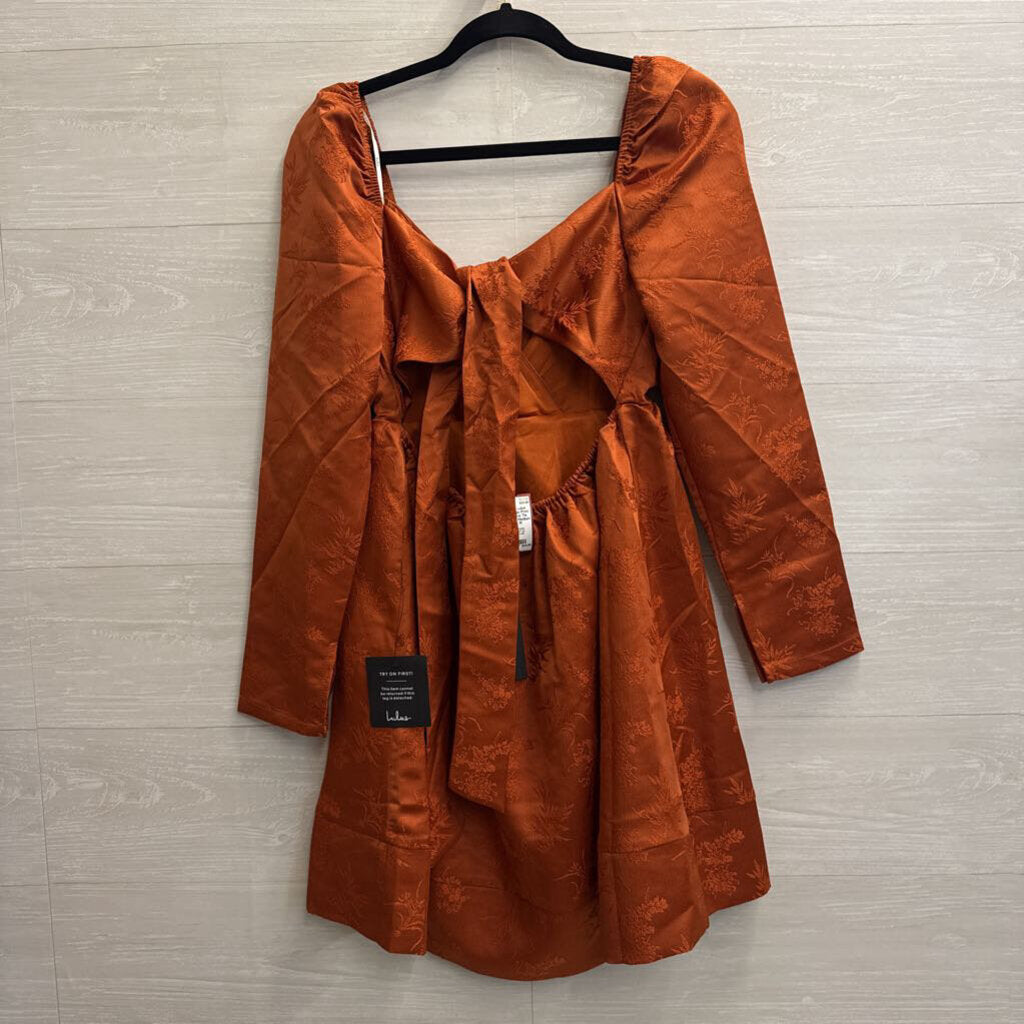 Lulus Orange Print Long Sleeve Tie Back Dress Medium