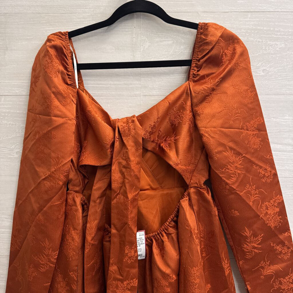 Lulus Orange Print Long Sleeve Tie Back Dress Medium