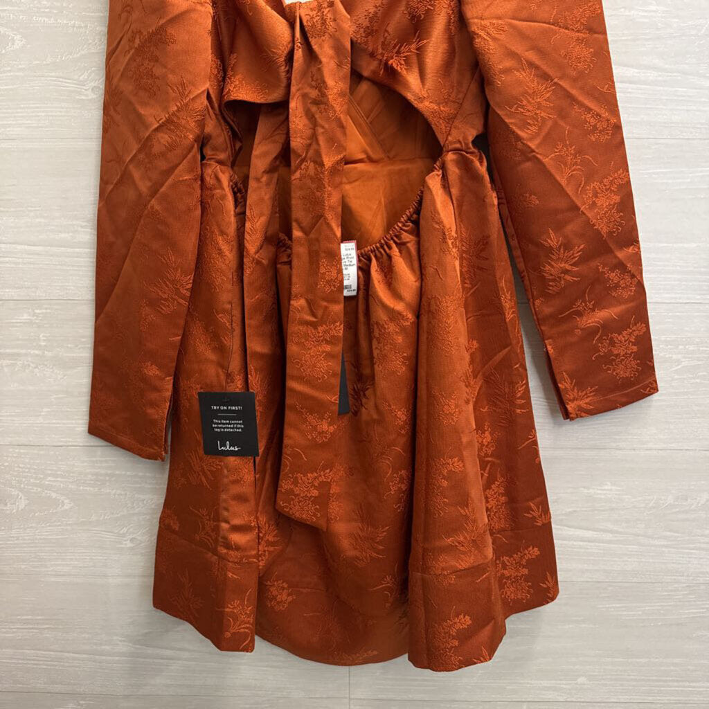 Lulus Orange Print Long Sleeve Tie Back Dress Medium