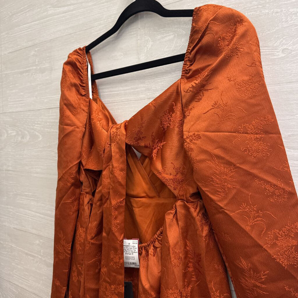 Lulus Orange Print Long Sleeve Tie Back Dress Medium