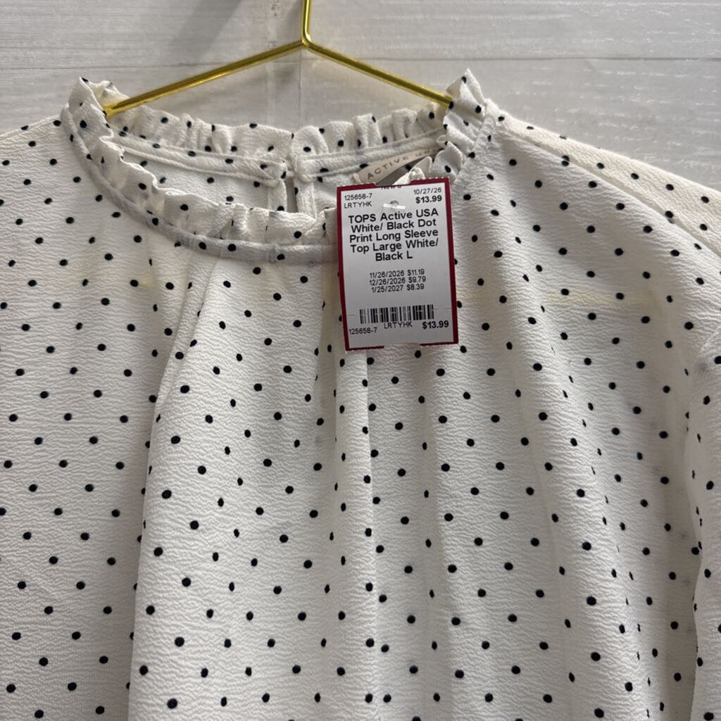 White/ Black Dot Print Long Sleeve Top Large