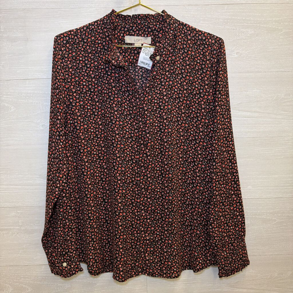 Loft Black/ Red Floral Print Long Sleeve Top Medium