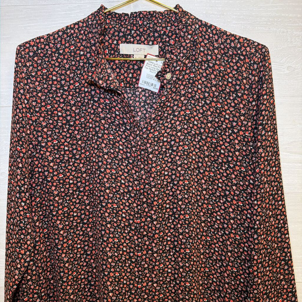 Loft Black/ Red Floral Print Long Sleeve Top Medium