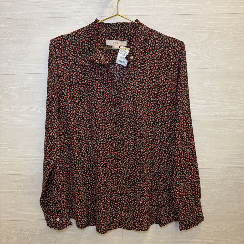 Loft Black/ Red Floral Print Long Sleeve Top Medium