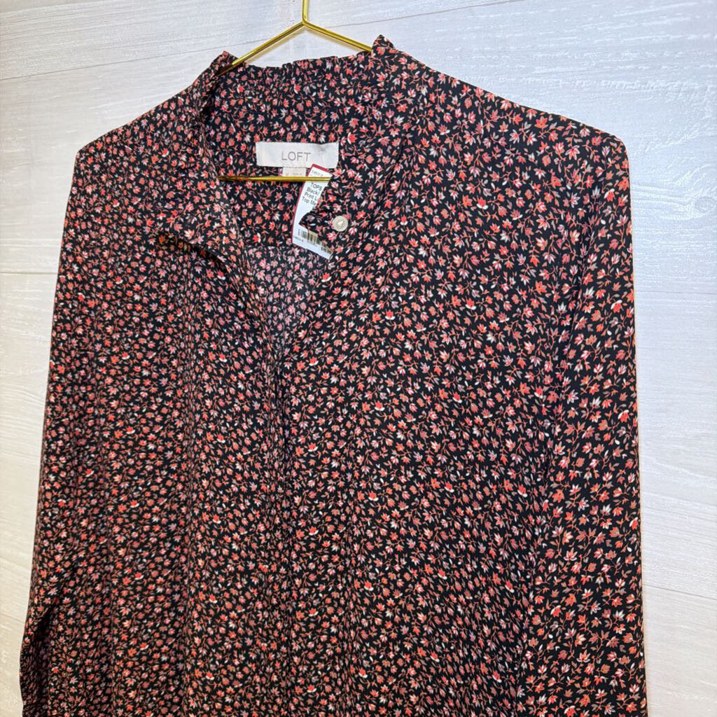 Loft Black/ Red Floral Print Long Sleeve Top Medium