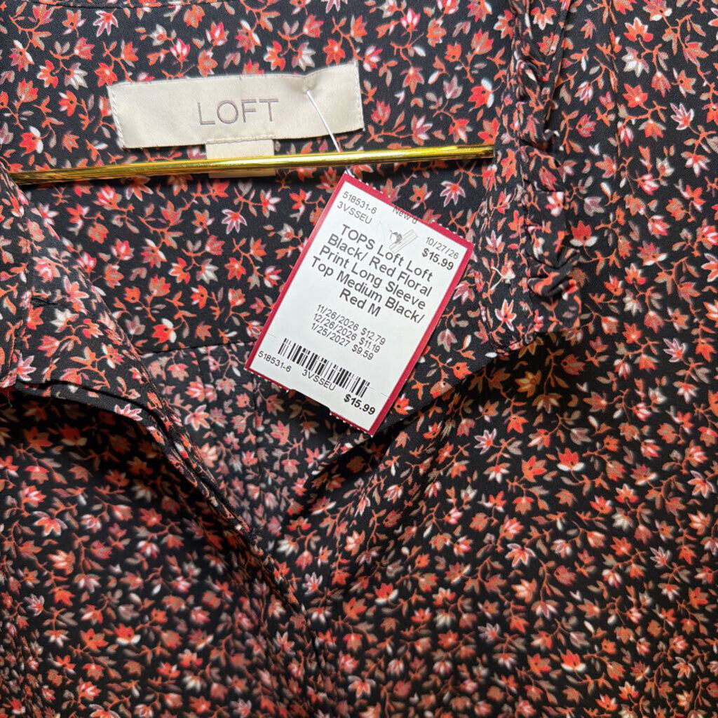 Loft Black/ Red Floral Print Long Sleeve Top Medium