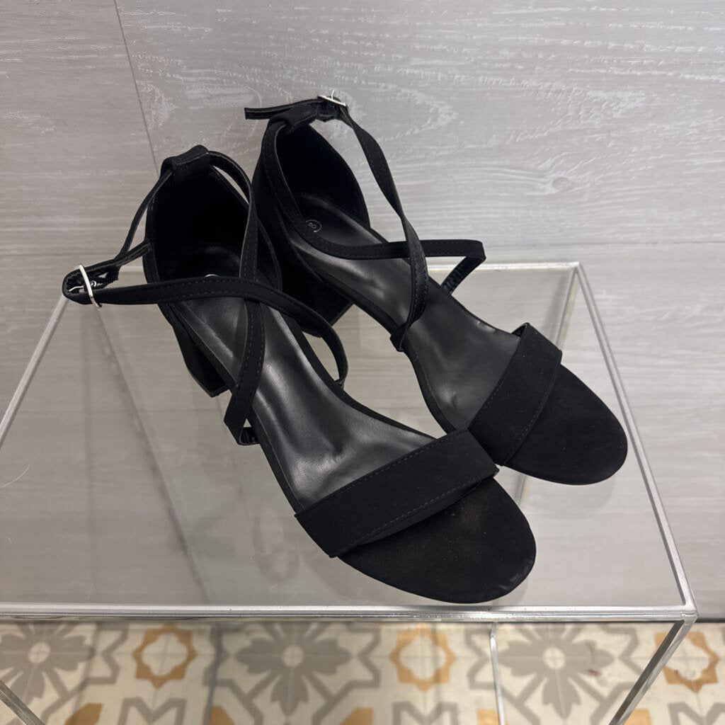 Black Ankle Strap Block Heels 8