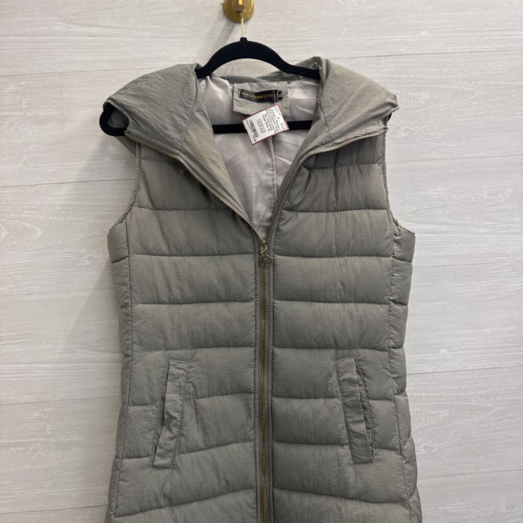 Western Style Grey Puffer Long Zip Up Vest Extra Large