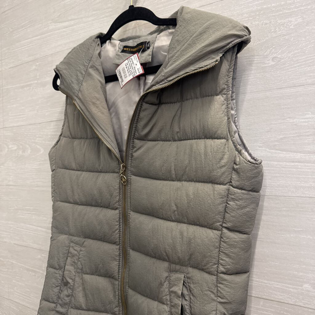 Western Style Grey Puffer Long Zip Up Vest Extra Large