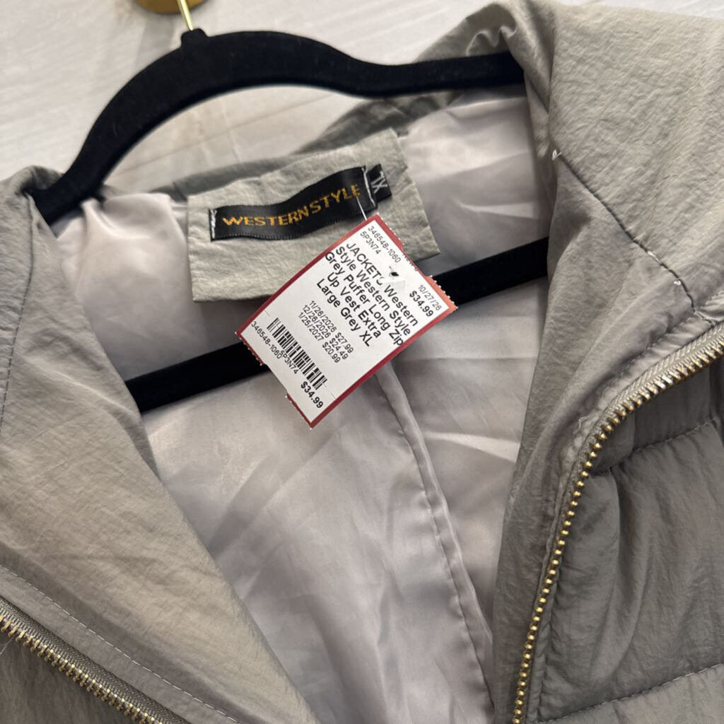 Western Style Grey Puffer Long Zip Up Vest Extra Large