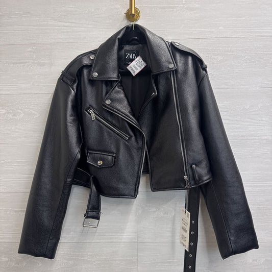 Zara Black Faux Leather Cropped Moto Jacket Medium
