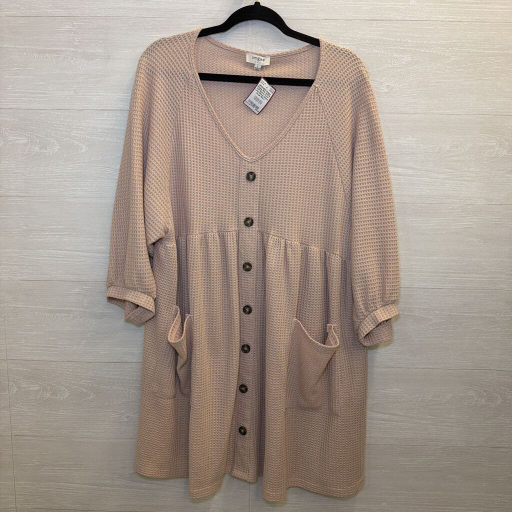 Umgee Pink Waffle Knit Button Front Long Sleeve Dress Large