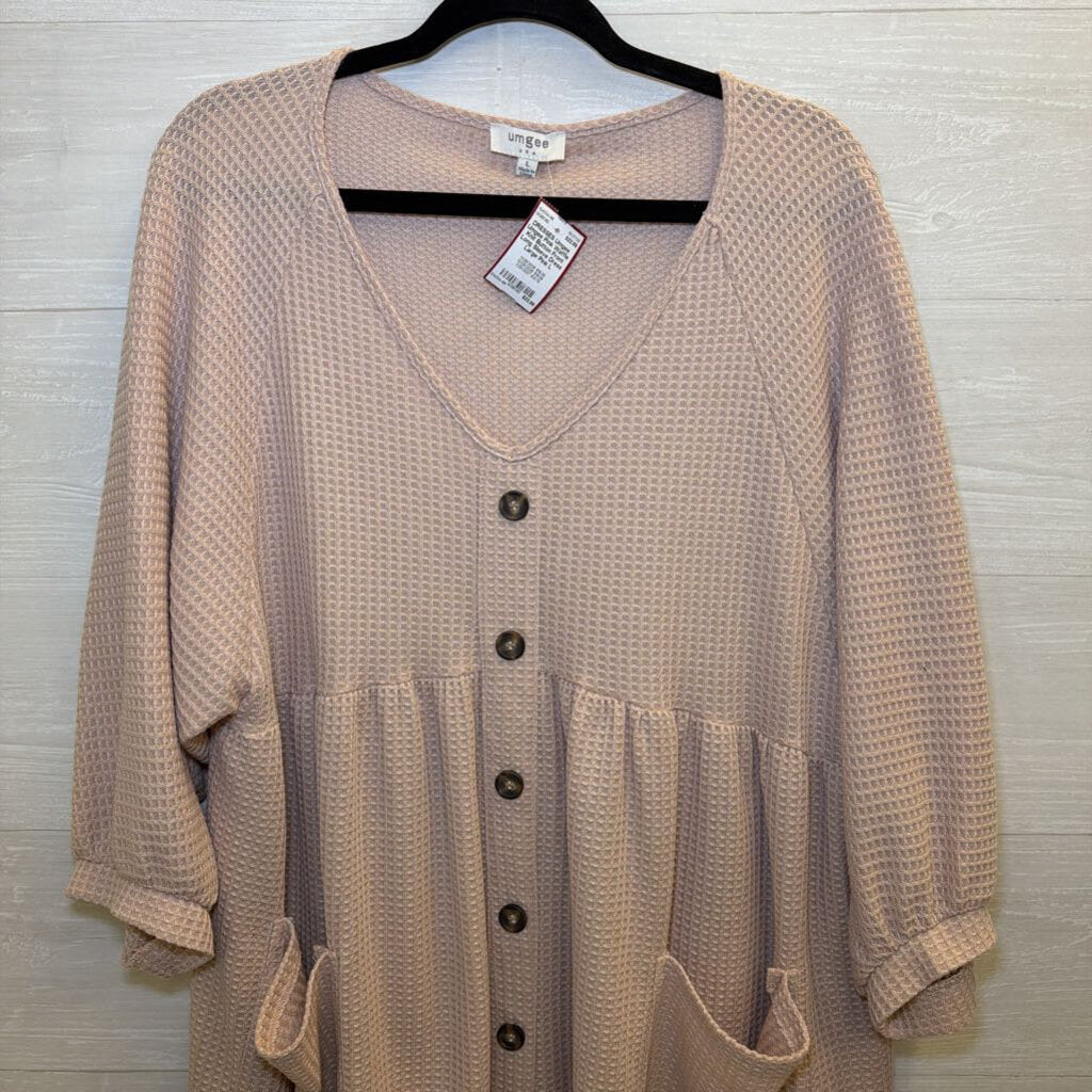 Umgee Pink Waffle Knit Button Front Long Sleeve Dress Large