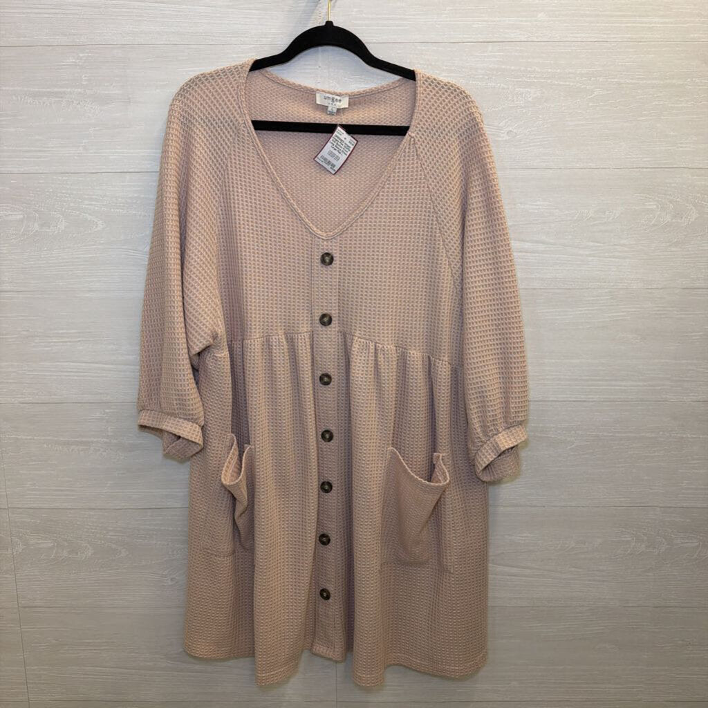 Umgee Pink Waffle Knit Button Front Long Sleeve Dress Large