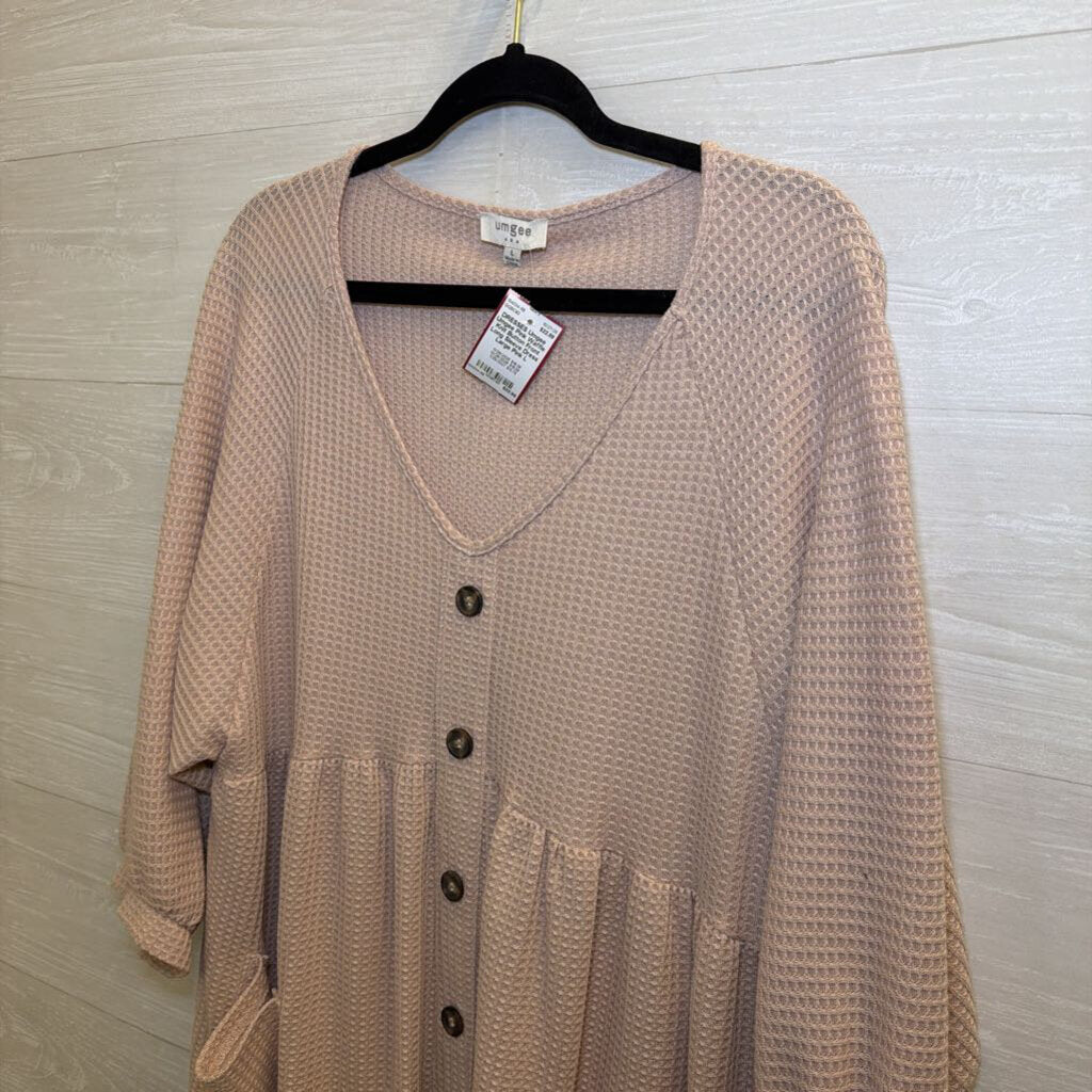 Umgee Pink Waffle Knit Button Front Long Sleeve Dress Large