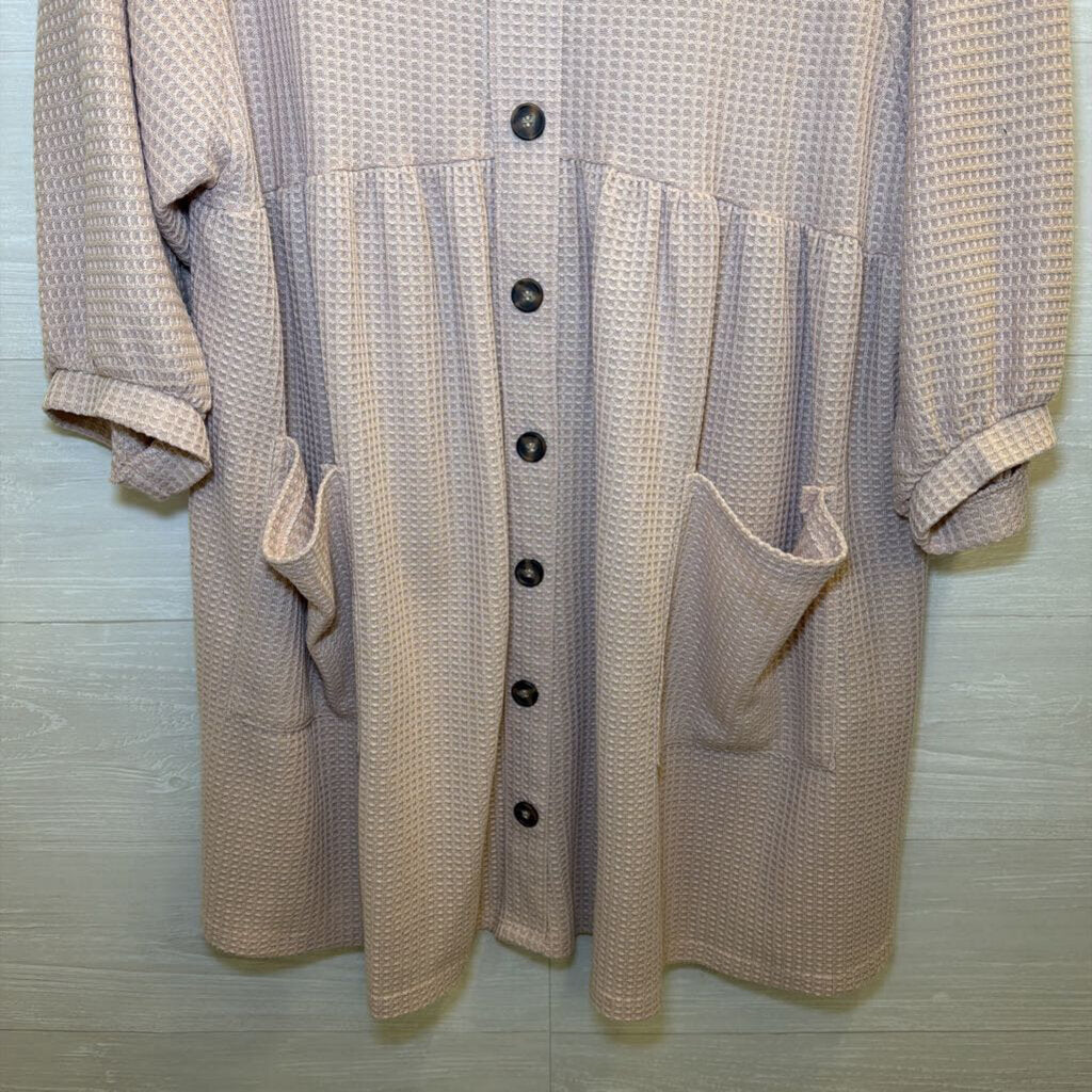 Umgee Pink Waffle Knit Button Front Long Sleeve Dress Large