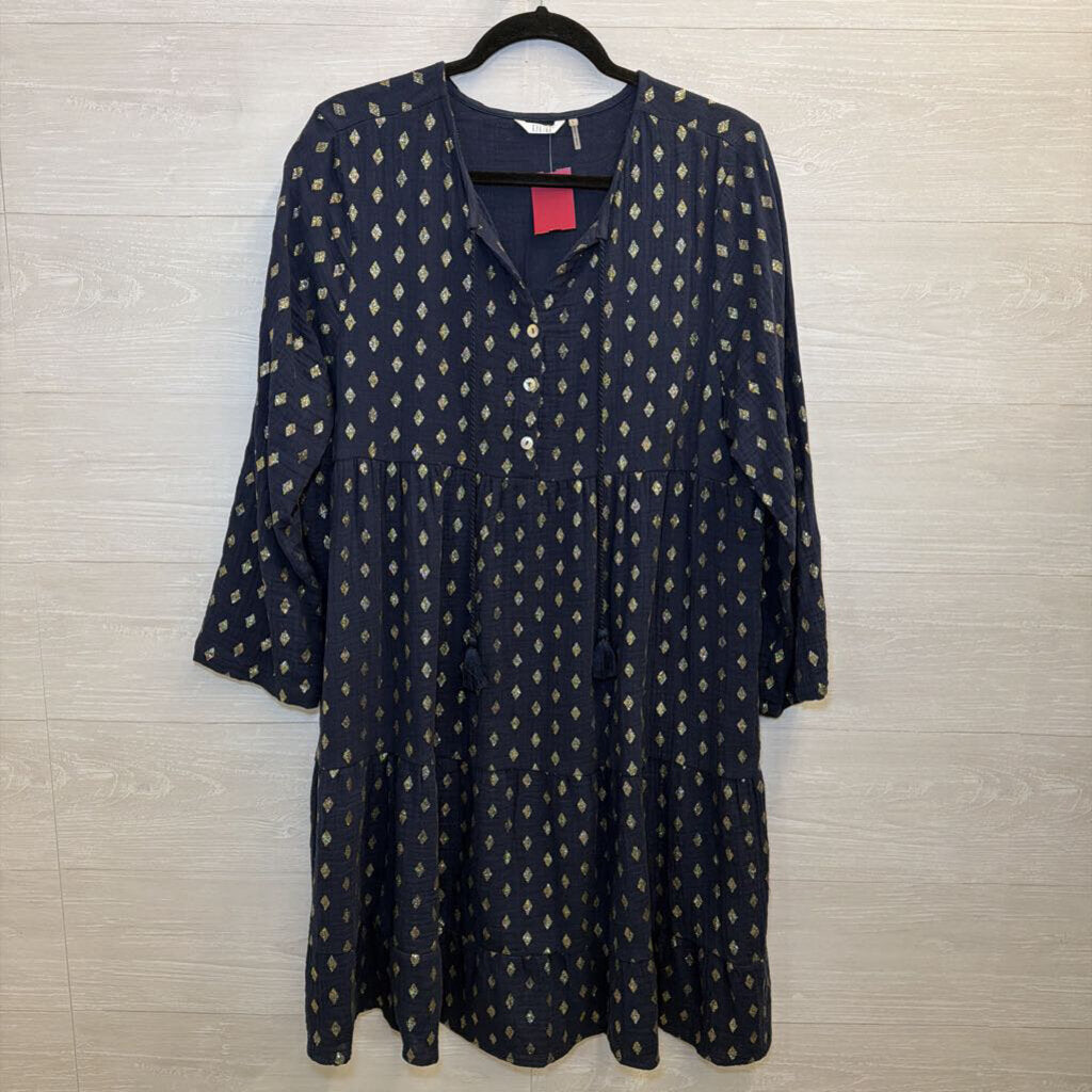 Kaktus Navy/ Gold Shimmer Diamond Print Long Sleeve Dress Large
