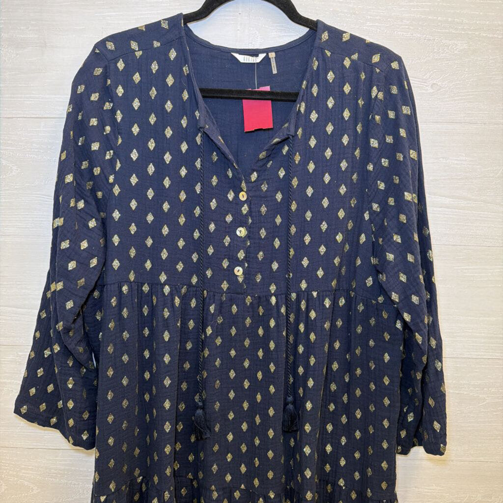Kaktus Navy/ Gold Shimmer Diamond Print Long Sleeve Dress Large