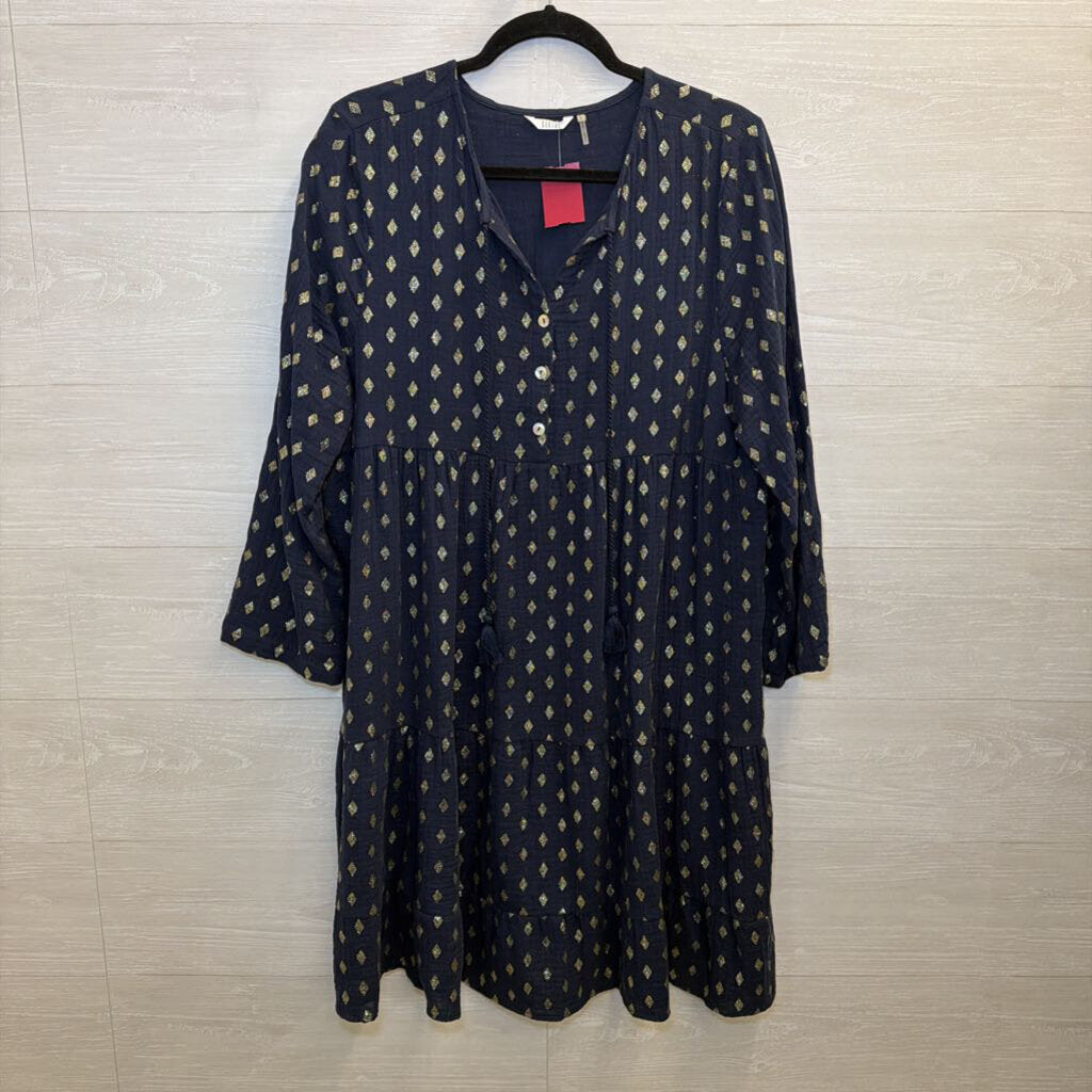 Kaktus Navy/ Gold Shimmer Diamond Print Long Sleeve Dress Large