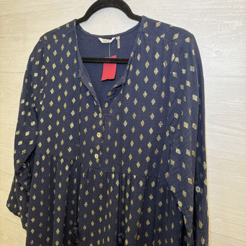 Kaktus Navy/ Gold Shimmer Diamond Print Long Sleeve Dress Large