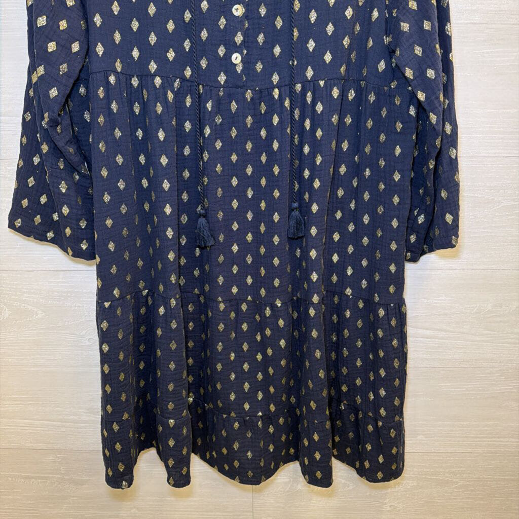 Kaktus Navy/ Gold Shimmer Diamond Print Long Sleeve Dress Large