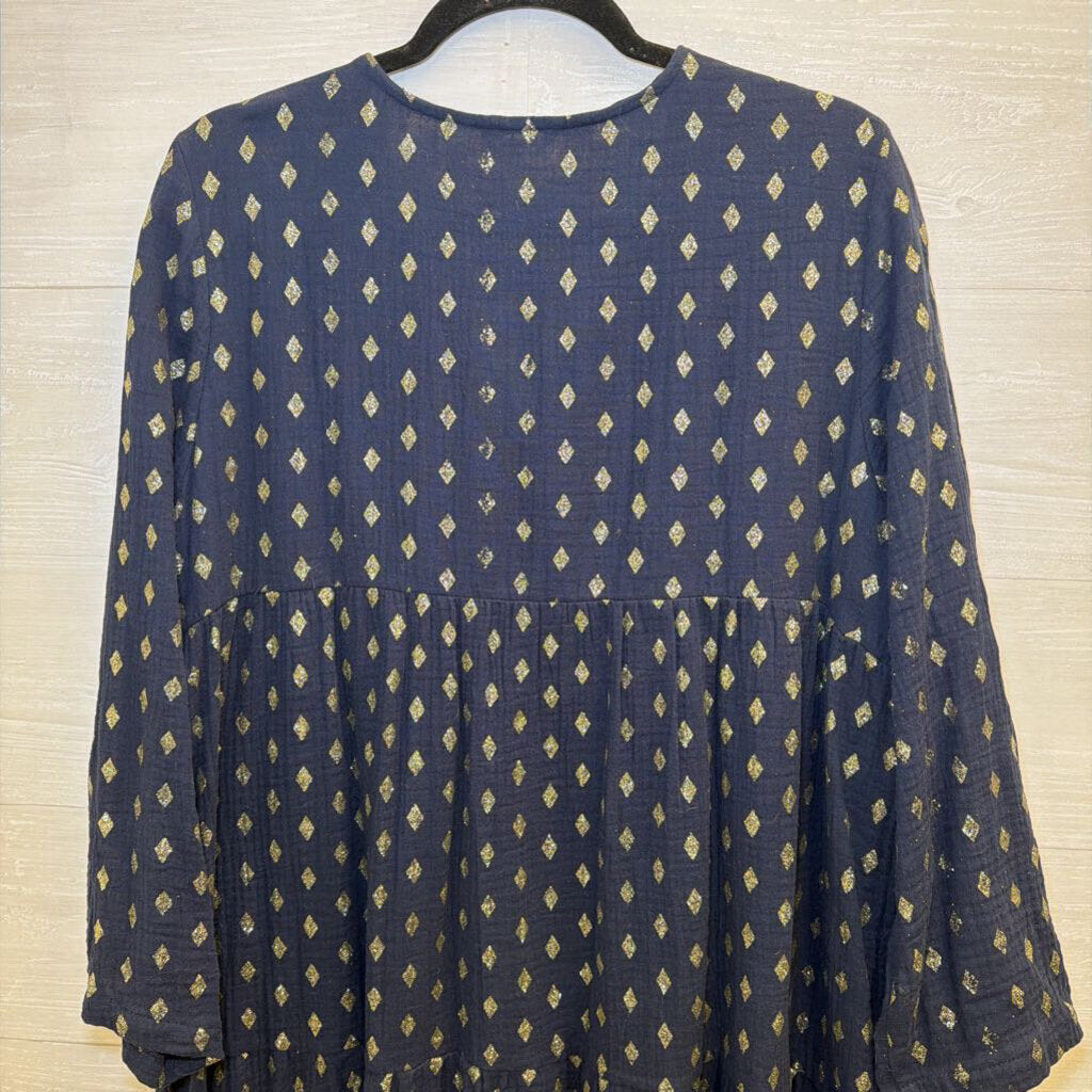 Kaktus Navy/ Gold Shimmer Diamond Print Long Sleeve Dress Large