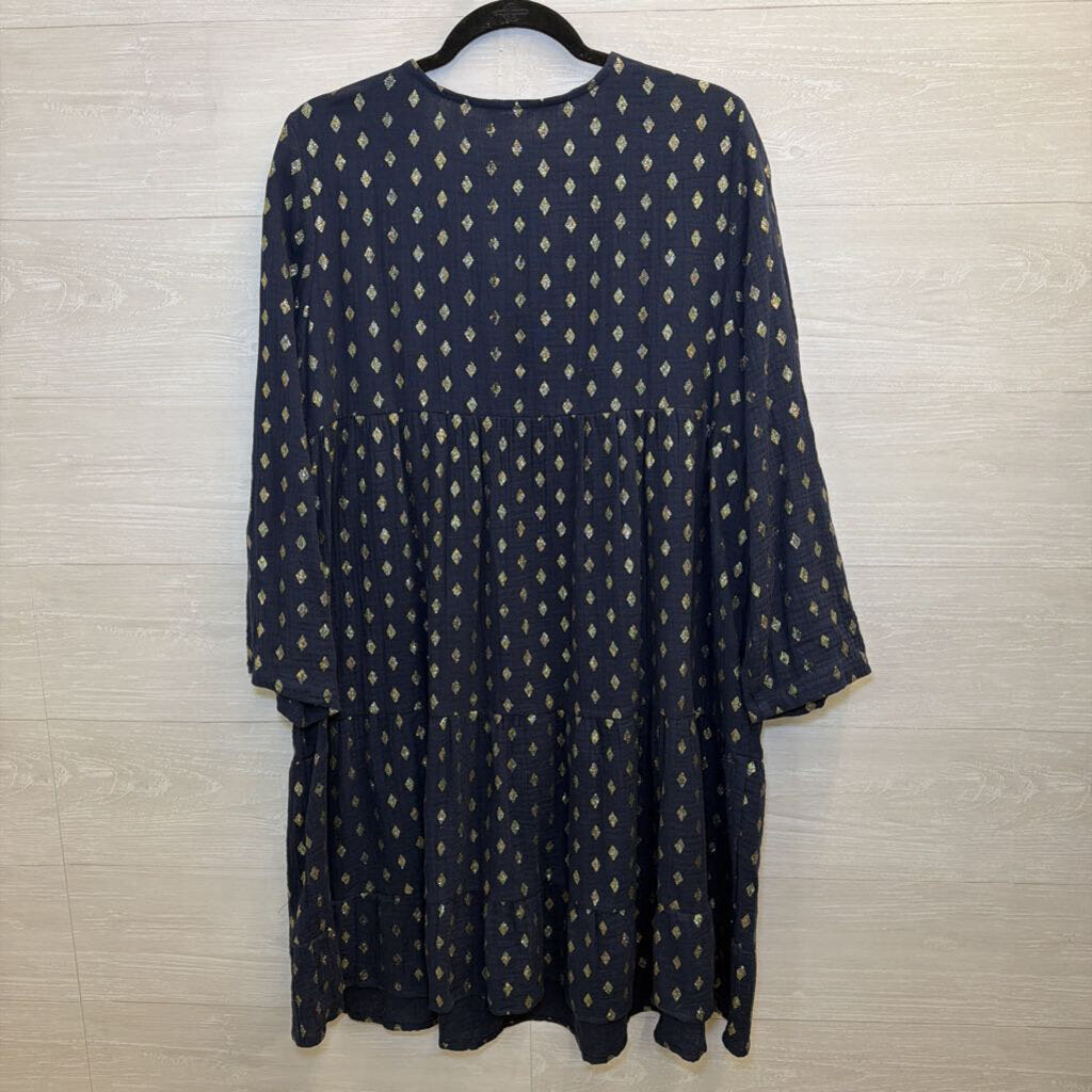 Kaktus Navy/ Gold Shimmer Diamond Print Long Sleeve Dress Large