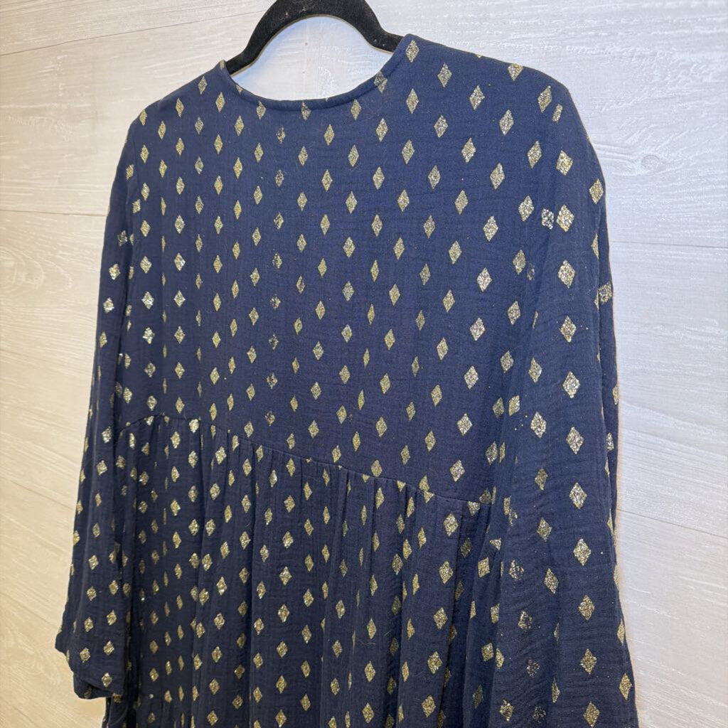 Kaktus Navy/ Gold Shimmer Diamond Print Long Sleeve Dress Large