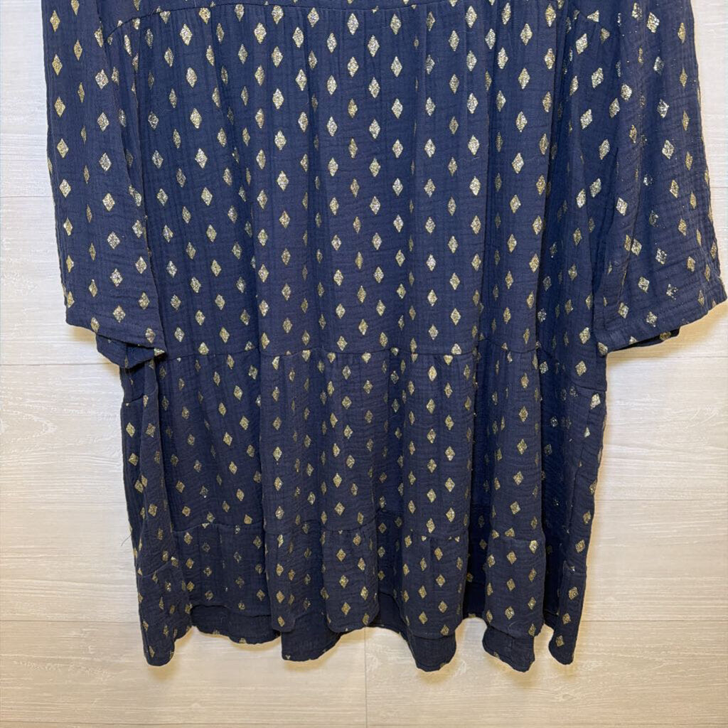 Kaktus Navy/ Gold Shimmer Diamond Print Long Sleeve Dress Large