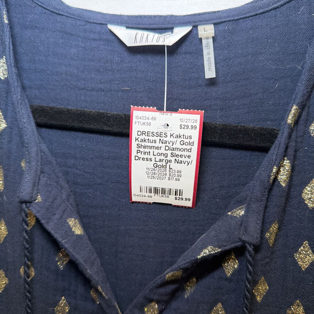 Kaktus Navy/ Gold Shimmer Diamond Print Long Sleeve Dress Large