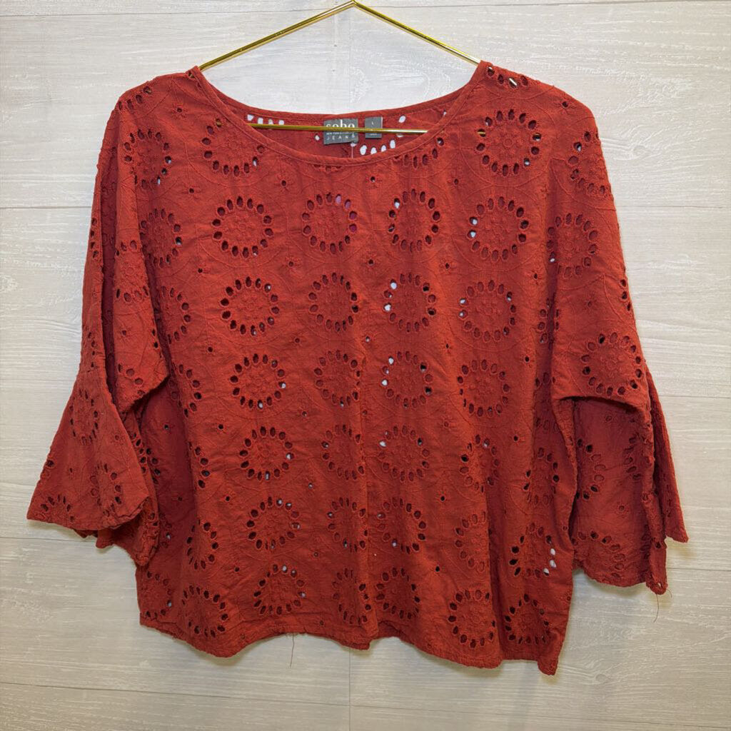 Burnt Orange Eyelet Long Sleeve Top Large