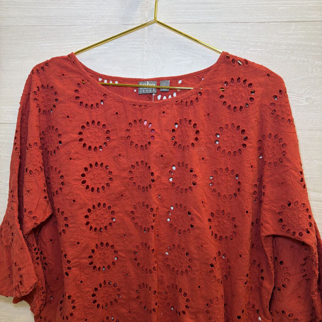 Burnt Orange Eyelet Long Sleeve Top Large