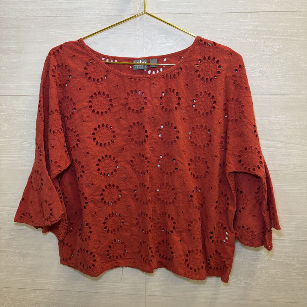 Burnt Orange Eyelet Long Sleeve Top Large