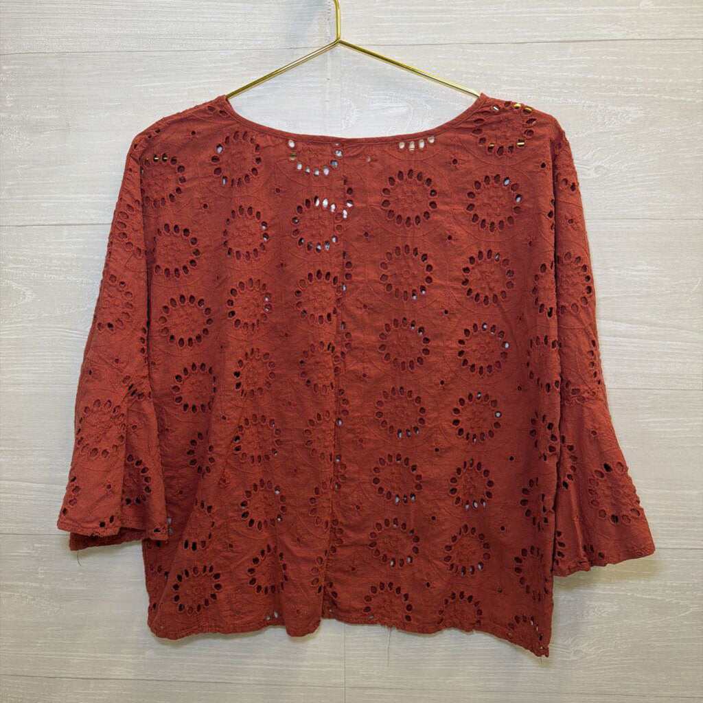 Burnt Orange Eyelet Long Sleeve Top Large